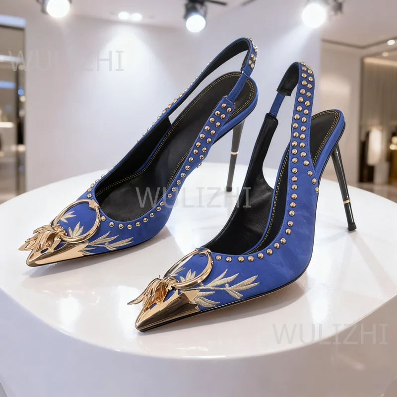 Gold Metallic Openwork Pointed-toe Blue Heels Women Embroidered Studded Trim Buckle Slingback Sandal Sexy Party Girl Design Shoe
Gold Metallic Openwork Pointed-toe Blue Heels Women Embroidered Studded Trim Buckle Slingback Sandal Sexy Party Girl Design Shoe