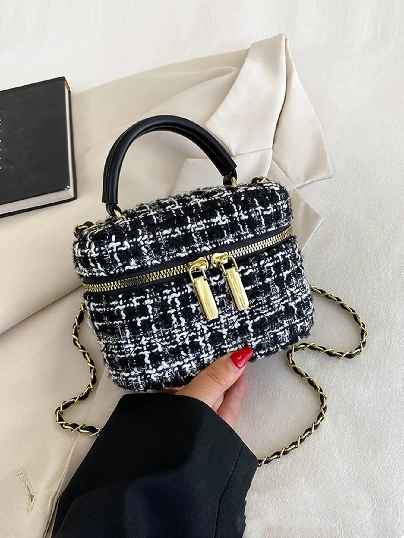 Mini Tweed Top-Handle Bag with Gold Chain Strap, Black & White Plaid Design
Mini Tweed Top-Handle Bag with Gold Chain Strap, Black & White Plaid Design