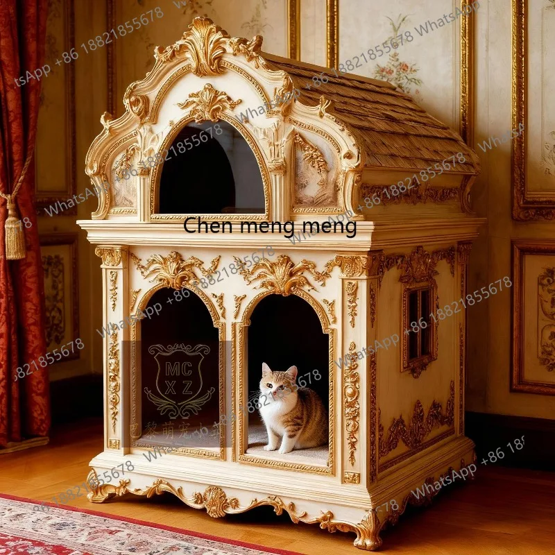 French solid wood carving cat kennel luxury European pet villa white gold painted cat and dog bed
French solid wood carving cat kennel luxury European pet villa white gold painted cat and dog bed