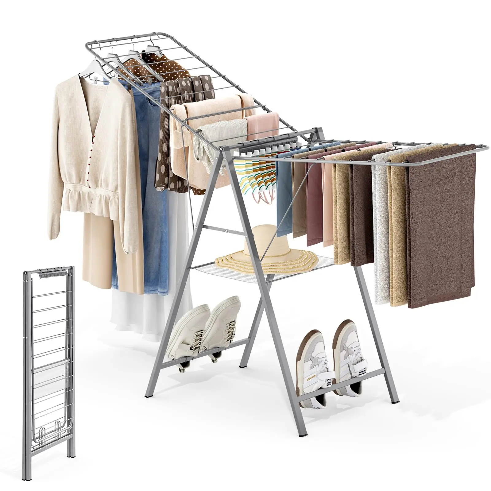 Adjustable Foldable Metal Gullwing Drying Rack For Clothes, Towels, Sweaters – Indoor Outdoor Use With Shoe Shelf And Hat Tray
Adjustable Foldable Metal Gullwing Drying Rack For Clothes, Towels, Sweaters – Indoor Outdoor Use With Shoe Shelf And Hat Tray