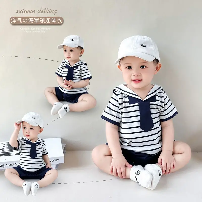 Summer New Baby Boys Short Sleeve Romper Baby Girls Striped Climbing Clothing Navy Collar Thin
Summer New Baby Boys Short Sleeve Romper Baby Girls Striped Climbing Clothing Navy Collar Thin