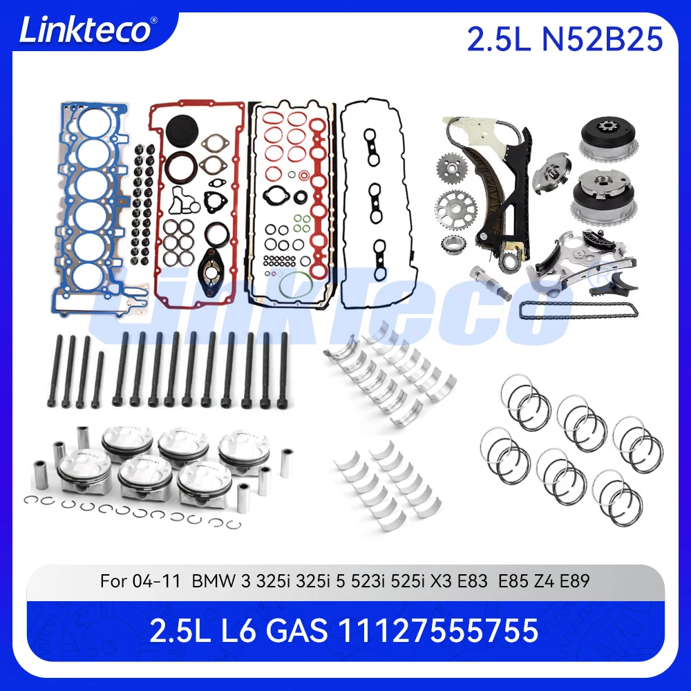 Полный комплект прокладок цилиндра, комплект цепи ГРМ, подшипник и поршневые кольца, подходит для 2,5 л T N52B25 для BMW E60 E61 E90 E91 04-13 
Полный комплект прокладок цилиндра, комплект цепи ГРМ, подшипник и поршневые кольца, подходит для 2,5 л T N52B25 для BMW E60 E61 E90 E91 04-13