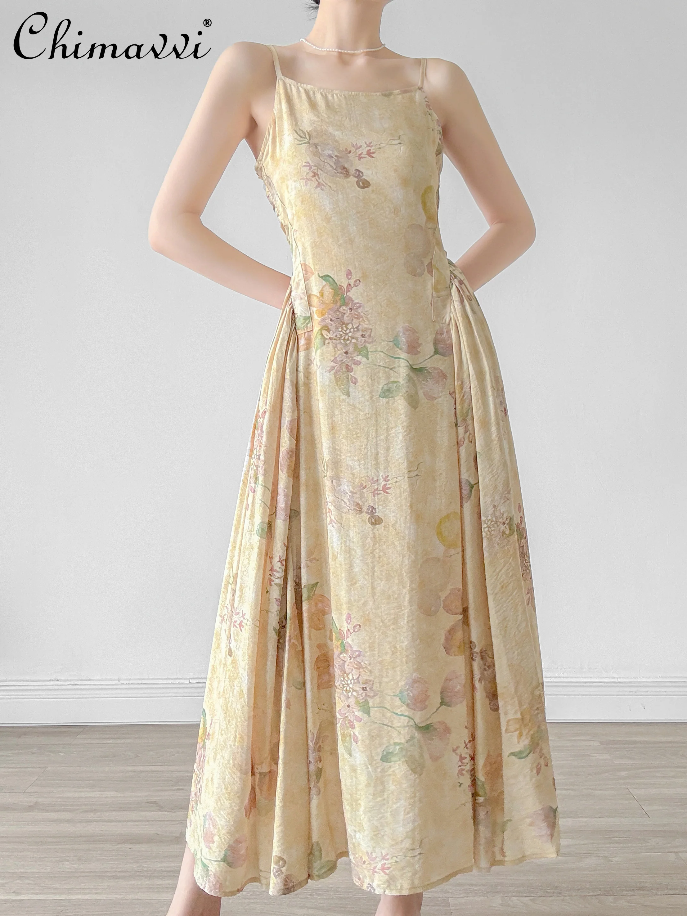 French Elegant Gentle Casual Vacation Summer Dresses Sleeveless High Waist Slim A-line Printed Yellow Sling Long Dress For Women
French Elegant Gentle Casual Vacation Summer Dresses Sleeveless High Waist Slim A-line Printed Yellow Sling Long Dress For Women