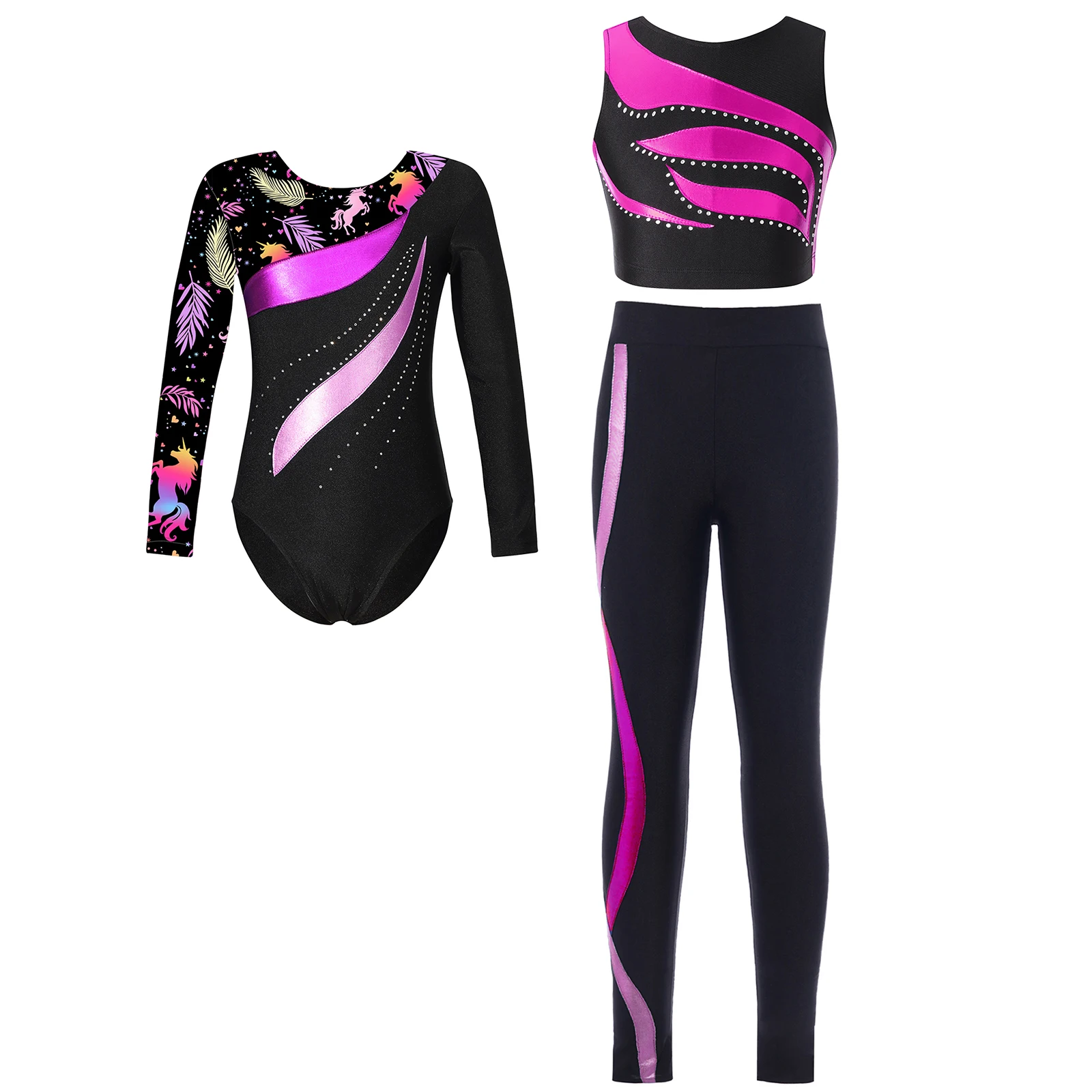 Kids Girls Gymnastics Acrobatics Dance Outfit Long Sleeve Patchwork Printed Leotard with Rhinestone Crop Top And Leggings Set
Kids Girls Gymnastics Acrobatics Dance Outfit Long Sleeve Patchwork Printed Leotard with Rhinestone Crop Top And Leggings Set