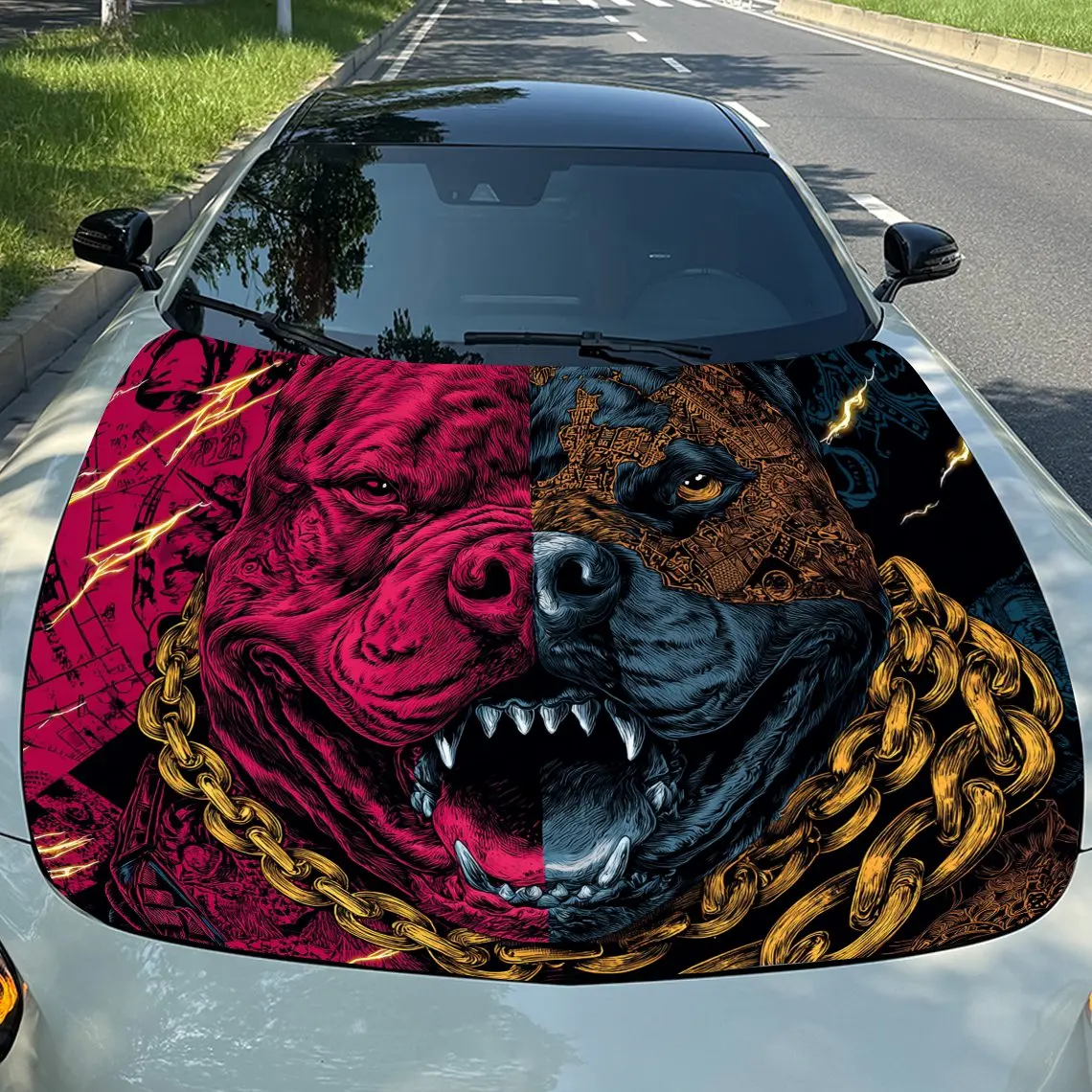 Golden Chain Bicolor Dog Car Vinyl Wrap, PVC Waterproof Car Hood Sticker, Self-Adhesive Scratch-Resistant Stickers for Engine Co
Golden Chain Bicolor Dog Car Vinyl Wrap, PVC Waterproof Car Hood Sticker, Self-Adhesive Scratch-Resistant Stickers for Engine Co