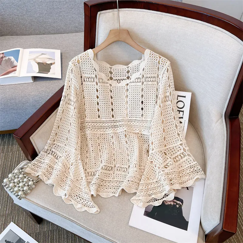 2026 Spring Summer Women Hollow Out Beige 3/4 Flare Sleeve Crochet Knitted Top Shirt , Woman Fashion Tops Shirts
2026 Spring Summer Women Hollow Out Beige 3/4 Flare Sleeve Crochet Knitted Top Shirt , Woman Fashion Tops Shirts