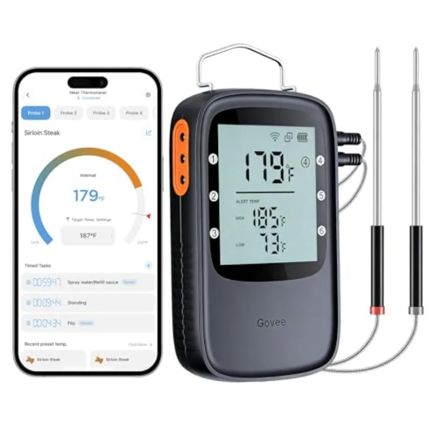 Цифровой термометр для мяса с Wi-Fi и Bluetooth, 2 датчиками, таймером, функцией оповещения и ЖК-подсветкой для гриля и копчения
Цифровой термометр для мяса с Wi-Fi и Bluetooth, 2 датчиками, таймером, функцией оповещения и ЖК-подсветкой для гриля и копчения