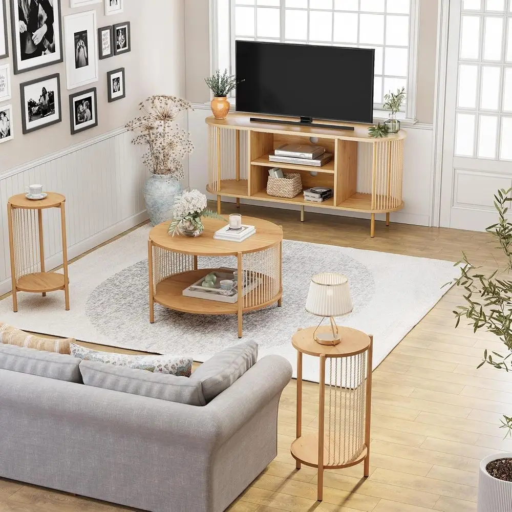 60 Handwoven Rope Boho TV Stand, Round Rattan Coffee Table & Pair of Side Tables
60 Handwoven Rope Boho TV Stand, Round Rattan Coffee Table & Pair of Side Tables