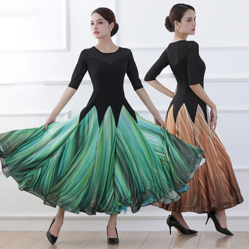 Ballroom Dance Practice Green Adult Costume Three-Quarter‑Sleeve Dance Skirt Brown Printed Waltz Standard Ballroom Dance Dress
Ballroom Dance Practice Green Adult Costume Three-Quarter‑Sleeve Dance Skirt Brown Printed Waltz Standard Ballroom Dance Dress