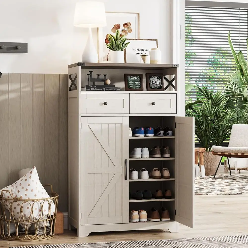 Shoe Cabinet with Doors, 6Tier Farmhouse Shoe Storage Cabinet with 2 Drawers amp Adjustable Shelves, Shoe Cabinet Storage for E
Shoe Cabinet with Doors, 6Tier Farmhouse Shoe Storage Cabinet with 2 Drawers amp Adjustable Shelves, Shoe Cabinet Storage for E