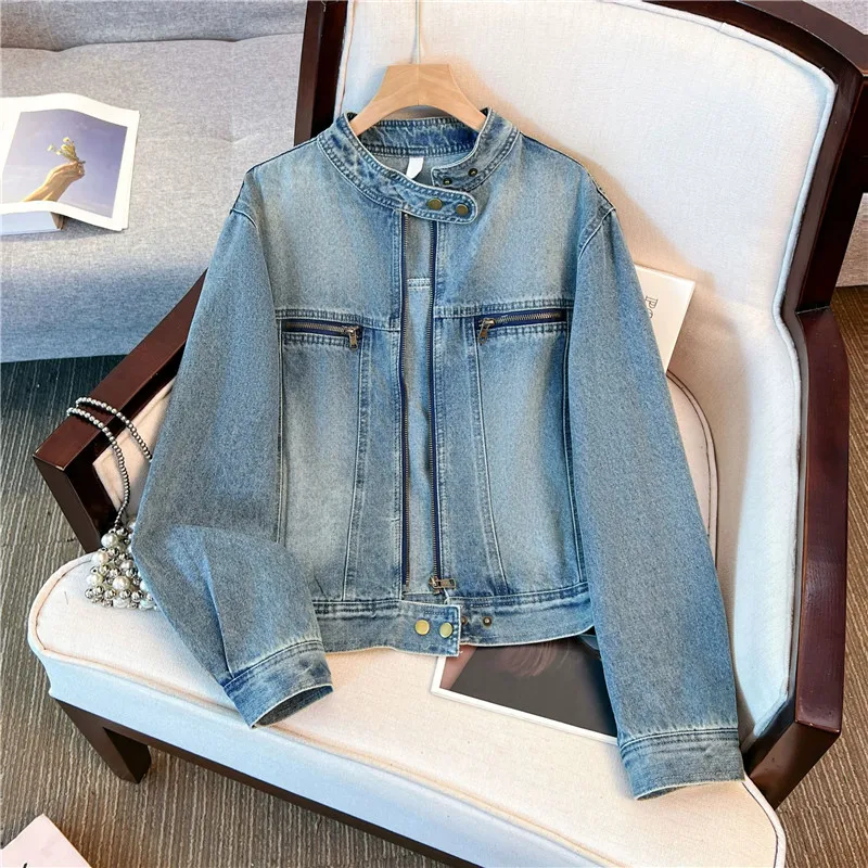 Весенне-осенняя винтажная синяя джинсовая куртка с воротником-стойкой, женская повседневная короткая куртка на молнии с длинными рукавами, джинсовая куртка, женское базовое пальто 
Весенне-осенняя винтажная синяя джинсовая куртка с воротником-стойкой, женская повседневная короткая куртка на молнии с длинными рукавами, джинсовая куртка, женское базовое пальто