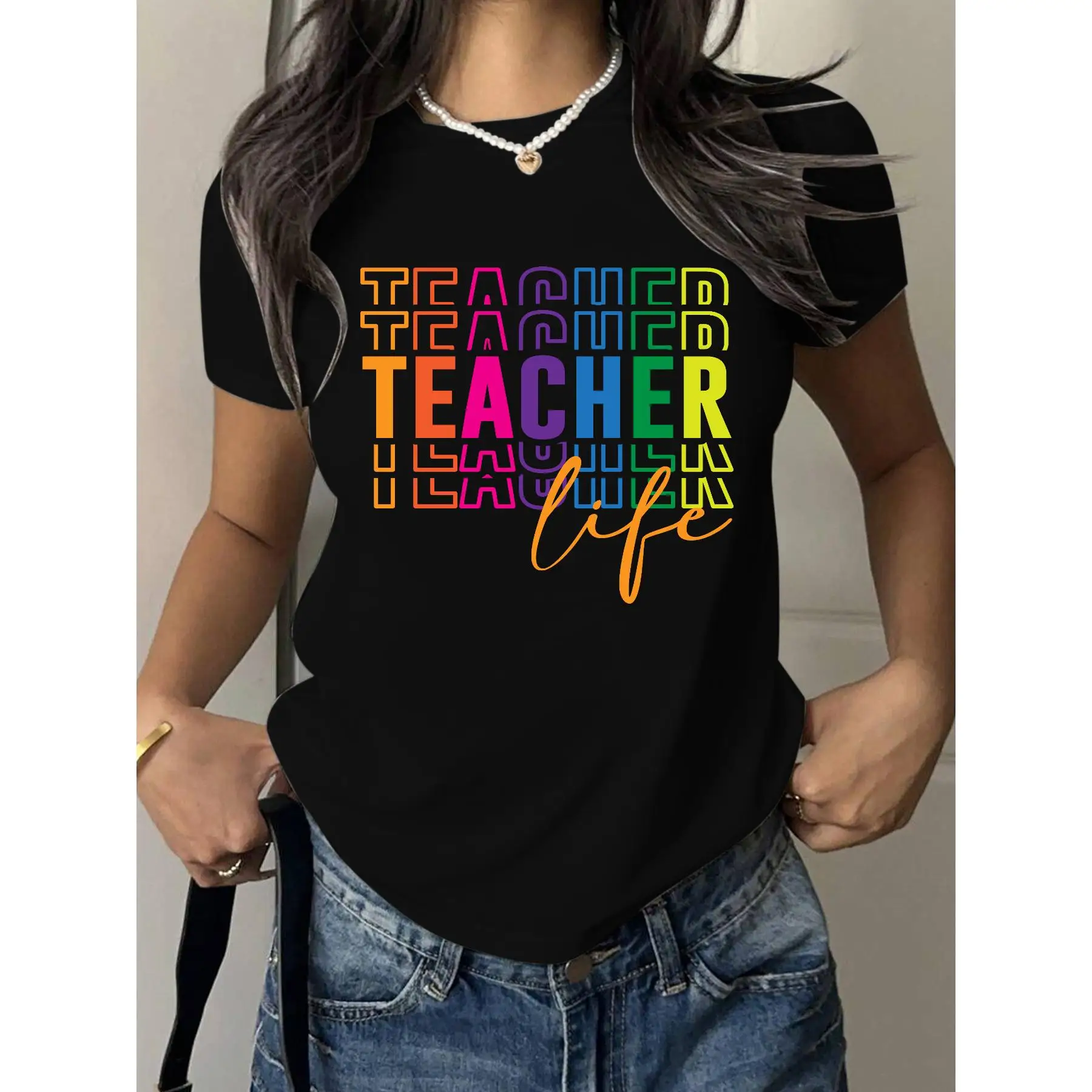 Rainbow Teacher T-shirt, Teacher Life Graphic Tee, Colorful Text Print Top, Retro Style T-shirt for Teacher, School Staff Gift
Rainbow Teacher T-shirt, Teacher Life Graphic Tee, Colorful Text Print Top, Retro Style T-shirt for Teacher, School Staff Gift