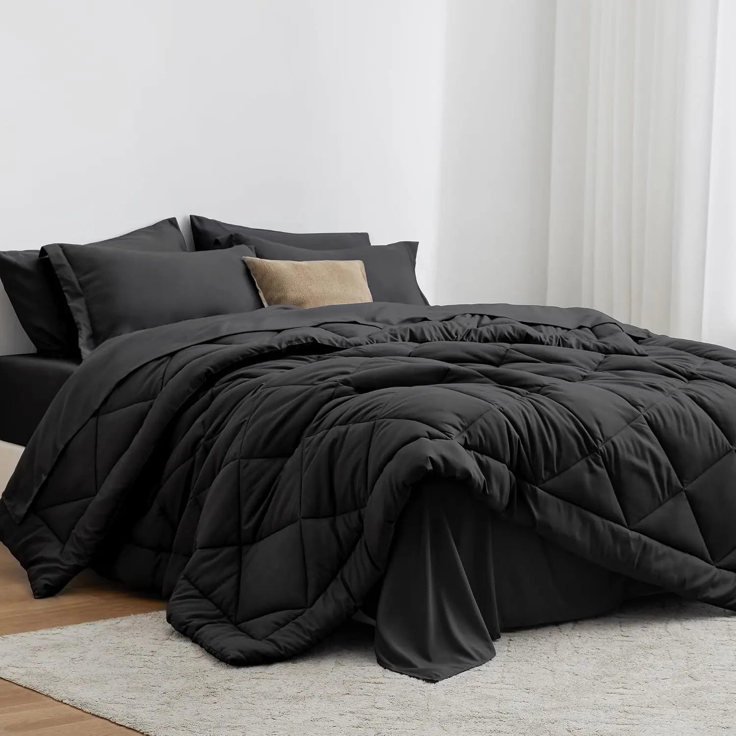 King Size Comforter Set Black, 7 Pieces King Bed in a Bag, All Season Bedding Sets with 1 Comforter, 1 Flat Sheet, 1 Fitted Sheet, 2 Pillowcase and 2 Pillow Sham | Soft
King Size Comforter Set Black, 7 Pieces King Bed in a Bag, All Season Bedding Sets with 1 Comforter, 1 Flat Sheet, 1 Fitted Sheet, 2 Pillowcase and 2 Pillow Sham | Soft