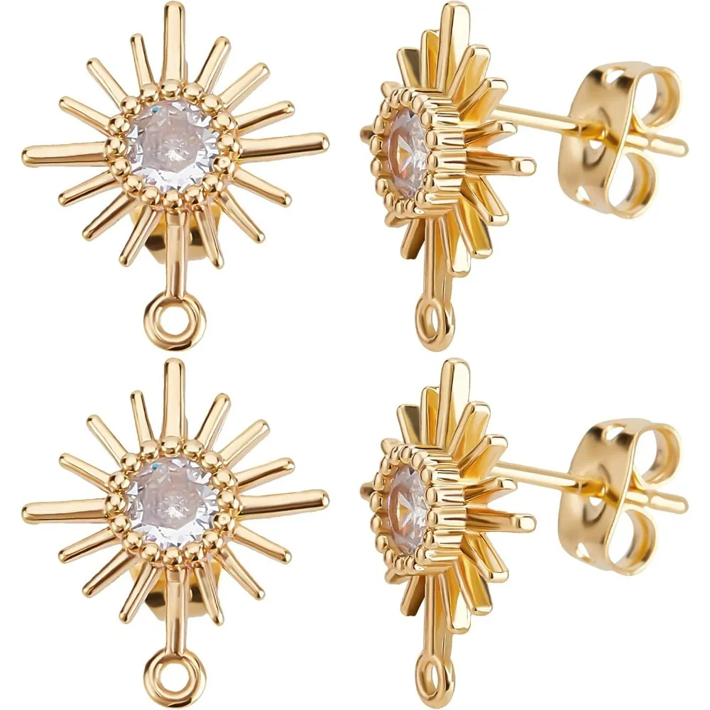 10Pcs/Box 18K Gold Plated Sun Earring Findings Cubic Zirconia Earring Posts with Sterling Silver Pins and Butterfly kits
10Pcs/Box 18K Gold Plated Sun Earring Findings Cubic Zirconia Earring Posts with Sterling Silver Pins and Butterfly kits