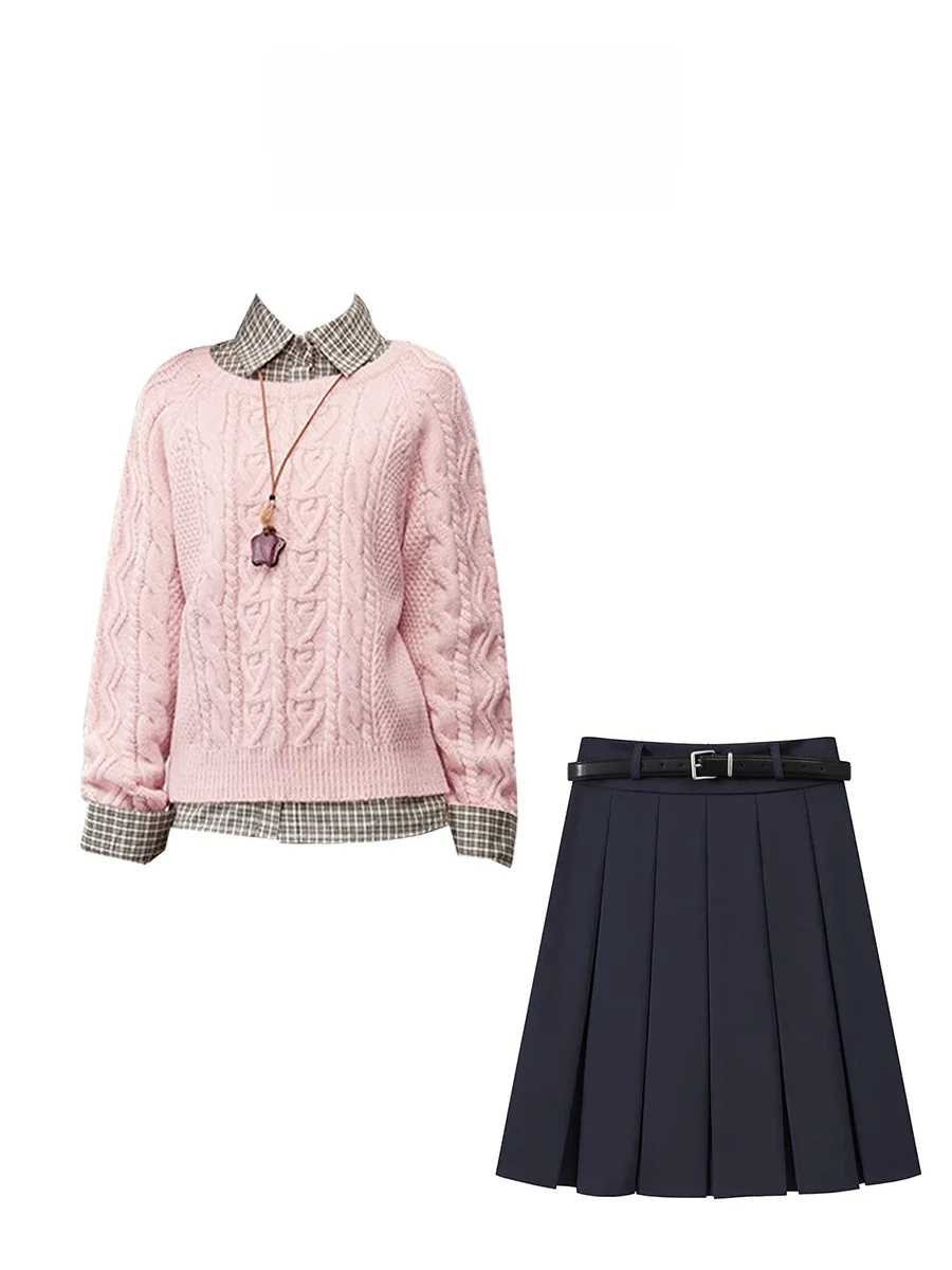 Korean Style Sweet School Uniform Pink Knitted Sweater Inner Shirt Half Skirt Spring Autumn Three Piece Set Women's Fashion
Korean Style Sweet School Uniform Pink Knitted Sweater Inner Shirt Half Skirt Spring Autumn Three Piece Set Women's Fashion