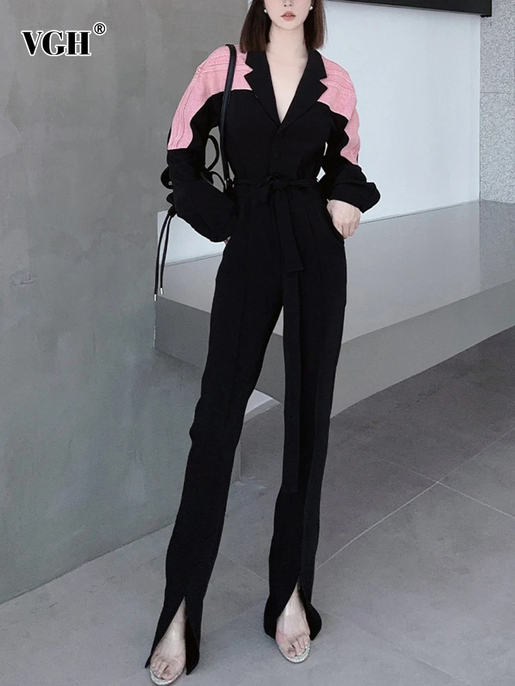 VGH Colorblock Denim Jumpsuits For Women Lapel Long Sleeve High Waist Split Spliced Lace Up Floor Length Jumpsuit Female Style
VGH Colorblock Denim Jumpsuits For Women Lapel Long Sleeve High Waist Split Spliced Lace Up Floor Length Jumpsuit Female Style
