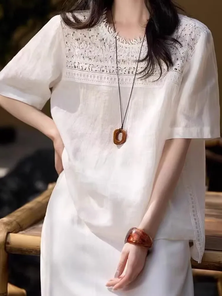 Retro Lace Splicing ort Sve T-irt Women's Loose Slimming Linen Top Summer New Arrival Casual Comfortable irt
Retro Lace Splicing ort Sve T-irt Women's Loose Slimming Linen Top Summer New Arrival Casual Comfortable irt