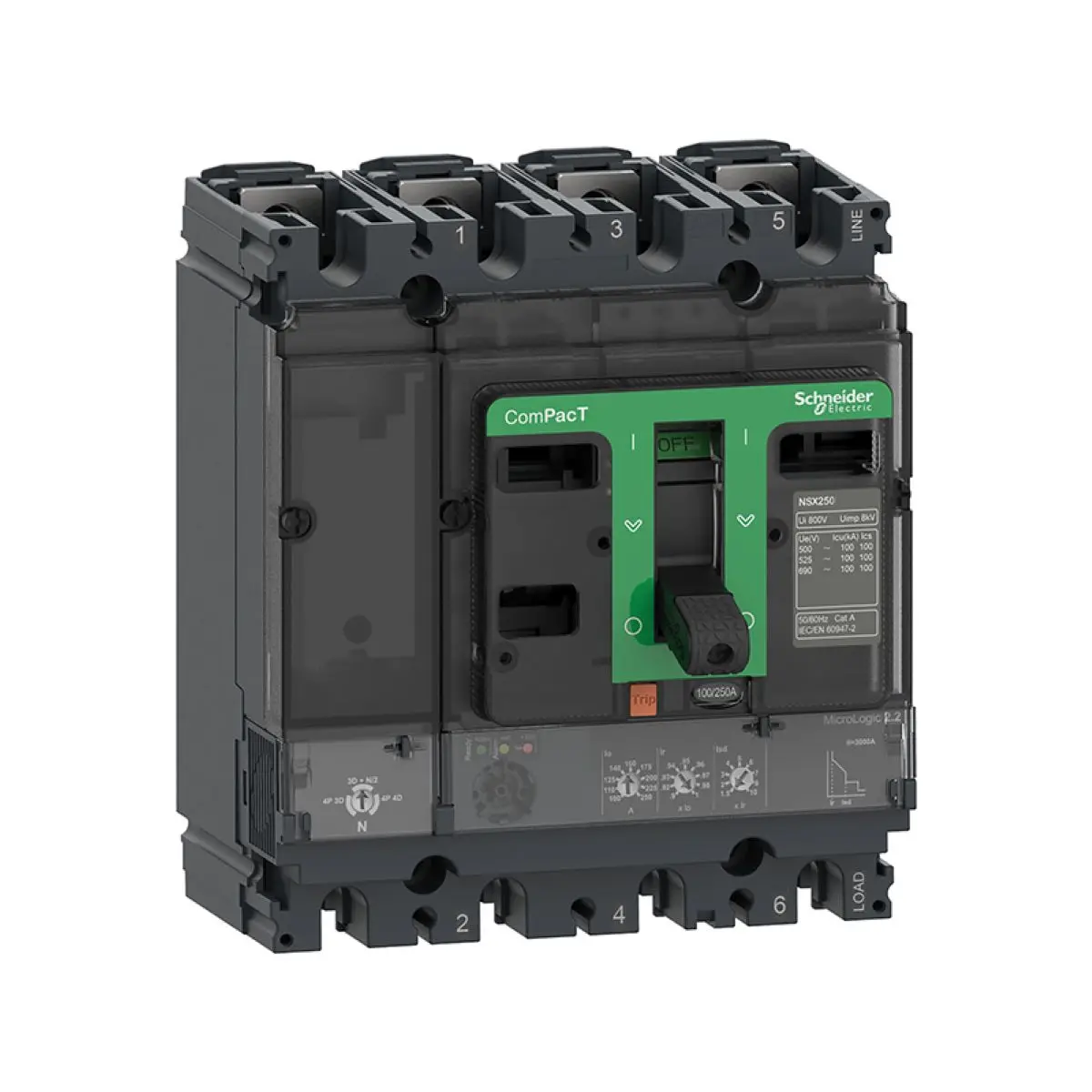 C25F42D250 Автоматический выключатель, ComPacT NSX250F, 36 кА/415 В переменного тока, 4 полюса, отключение MicroLogic 2.2, 250 А 
C25F42D250 Автоматический выключатель, ComPacT NSX250F, 36 кА/415 В переменного тока, 4 полюса, отключение MicroLogic 2.2, 250 А