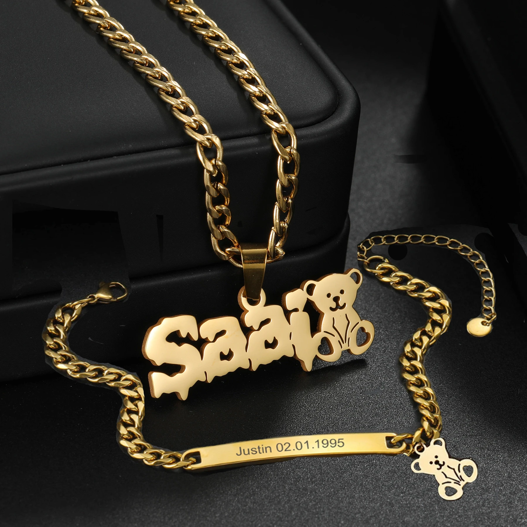 Diamon Custom Bear Name Necklace Bracelet Jewelry Set Stainless Steel Cuban Chain Engrave Text for Women Birthday Jewelry Gift
Diamon Custom Bear Name Necklace Bracelet Jewelry Set Stainless Steel Cuban Chain Engrave Text for Women Birthday Jewelry Gift