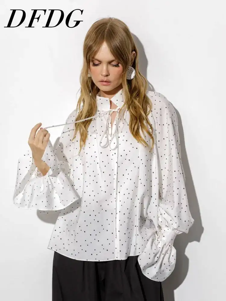 DFDG Women 2026 Spring Summer Polka Dot Blouse Stand Collar Tie Neck Flare Long Sleeve Loose Elegant Office Casual Fashion Tops
DFDG Women 2026 Spring Summer Polka Dot Blouse Stand Collar Tie Neck Flare Long Sleeve Loose Elegant Office Casual Fashion Tops