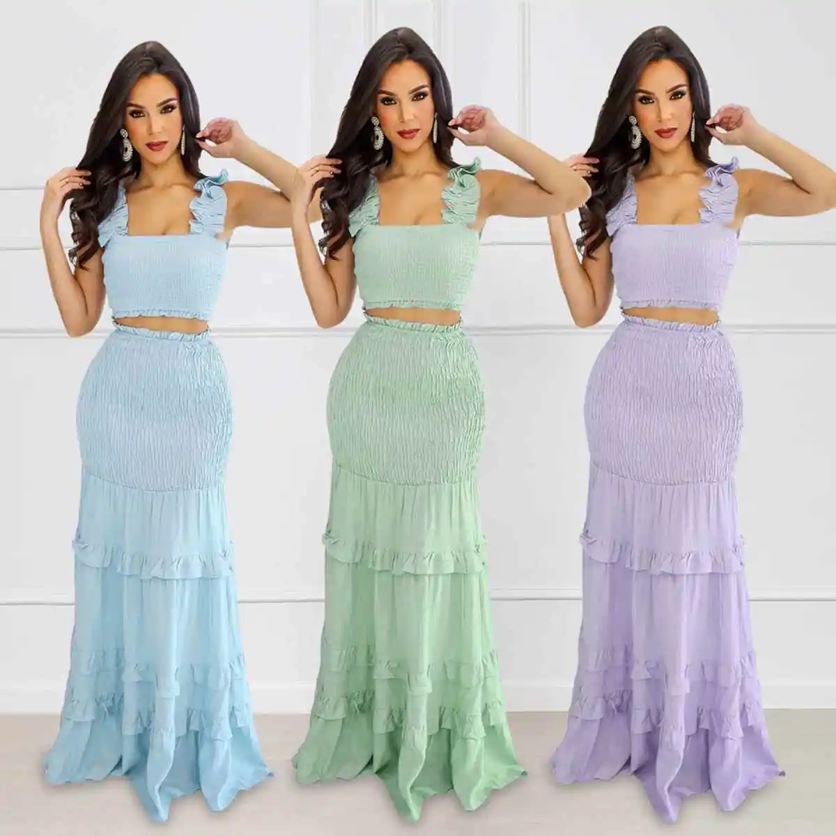 Ruffle Shoulder Strapless Halter Skirt And Top Set Women's Fashion Outfit Wooden Gored Two-Piece Winter Season Pure Color
Ruffle Shoulder Strapless Halter Skirt And Top Set Women's Fashion Outfit Wooden Gored Two-Piece Winter Season Pure Color