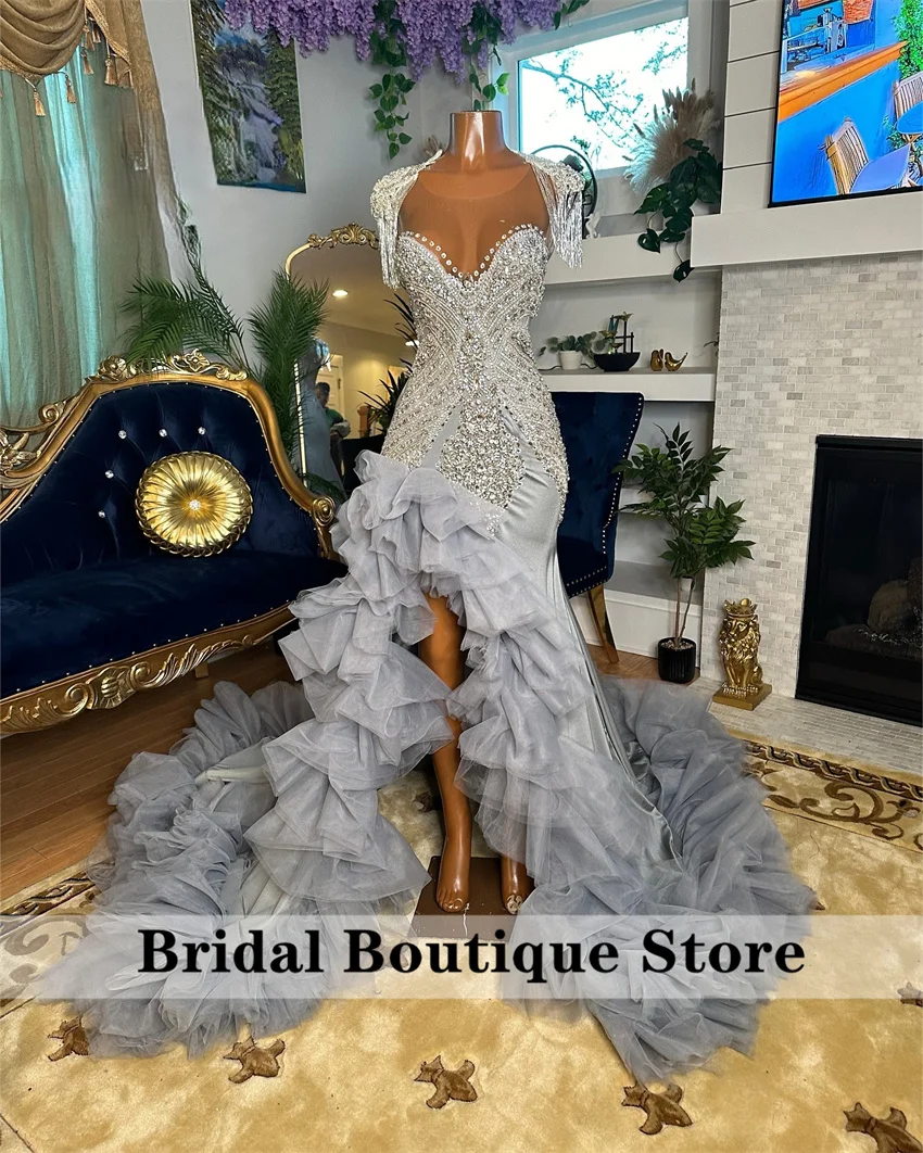 Luxury Sliver Mermaid Prom Dress Shining Beading Diamonds Tassels Birthday Dress Women Evening Gown Ruffles Tiered Customized
Luxury Sliver Mermaid Prom Dress Shining Beading Diamonds Tassels Birthday Dress Women Evening Gown Ruffles Tiered Customized