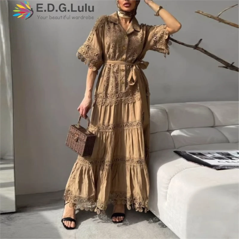 EDGLuLu Women's Turn-Down Collar Short Sleeved Summer Casual Dress Lace Patchwork Loose Long Dress 2025 New Arrival +Belt 0510
EDGLuLu Women's Turn-Down Collar Short Sleeved Summer Casual Dress Lace Patchwork Loose Long Dress 2025 New Arrival +Belt 0510