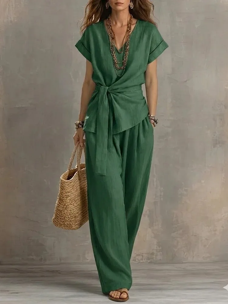 Fashion New Women's tops V-neck Bandage Shirt Buttons High Waist Loose Wide Leg Pants Set Female 2026 Summer
Fashion New Women's tops V-neck Bandage Shirt Buttons High Waist Loose Wide Leg Pants Set Female 2026 Summer