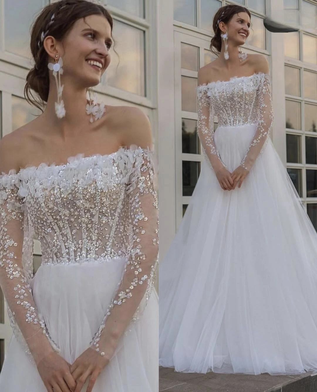 Sparkly Off-The-Shoulder Long Sleeve Wedding Dress A-Line Tulle Bridal Gown Customizable Measures Robe De Mariee for Women
Sparkly Off-The-Shoulder Long Sleeve Wedding Dress A-Line Tulle Bridal Gown Customizable Measures Robe De Mariee for Women