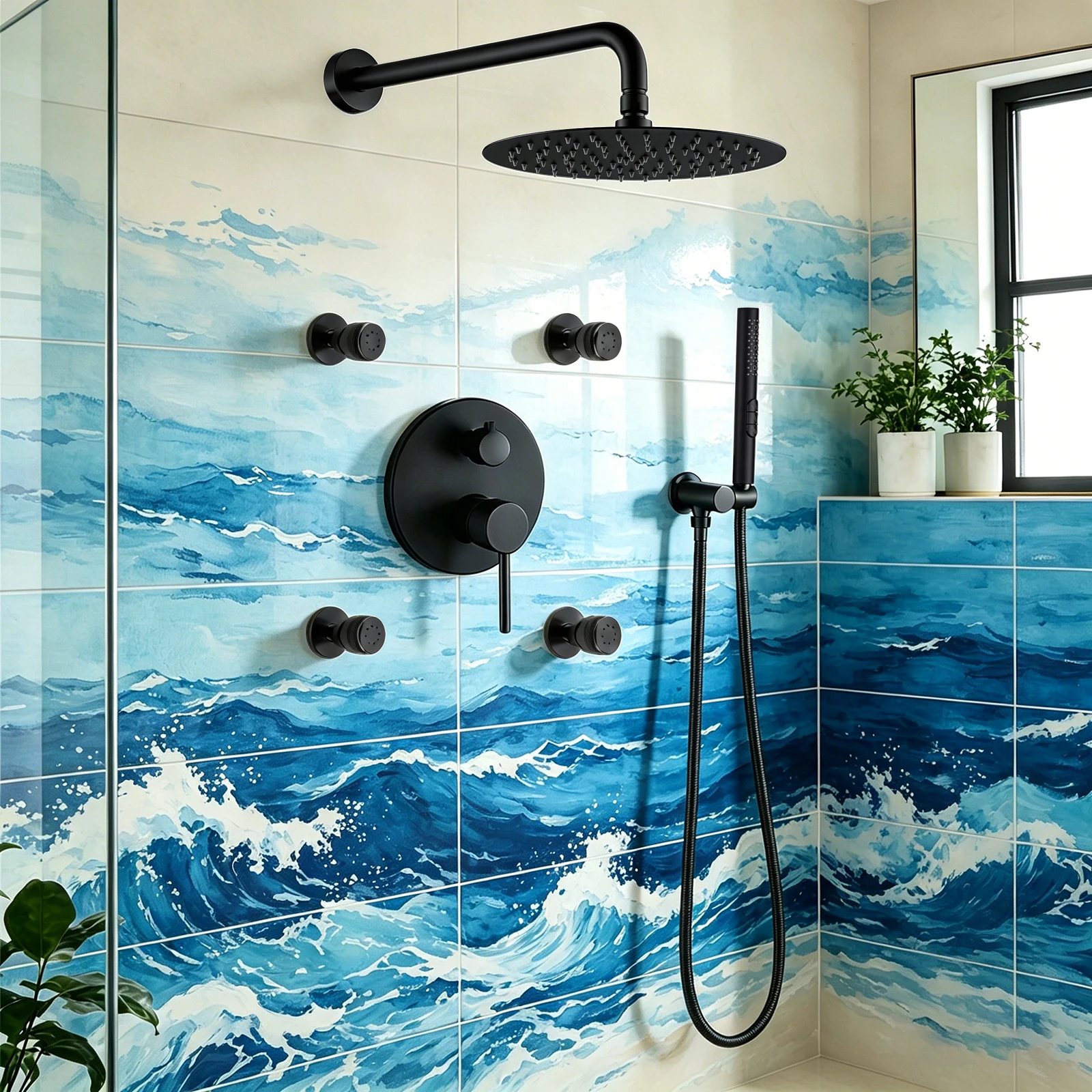 Qlonn Matte Black Shower System Set 250x250mm Rainfall Head with Hot/Cold Mixer Valve 2 Functions Body Jets Handheld Sprayer
Qlonn Matte Black Shower System Set 250x250mm Rainfall Head with Hot/Cold Mixer Valve 2 Functions Body Jets Handheld Sprayer