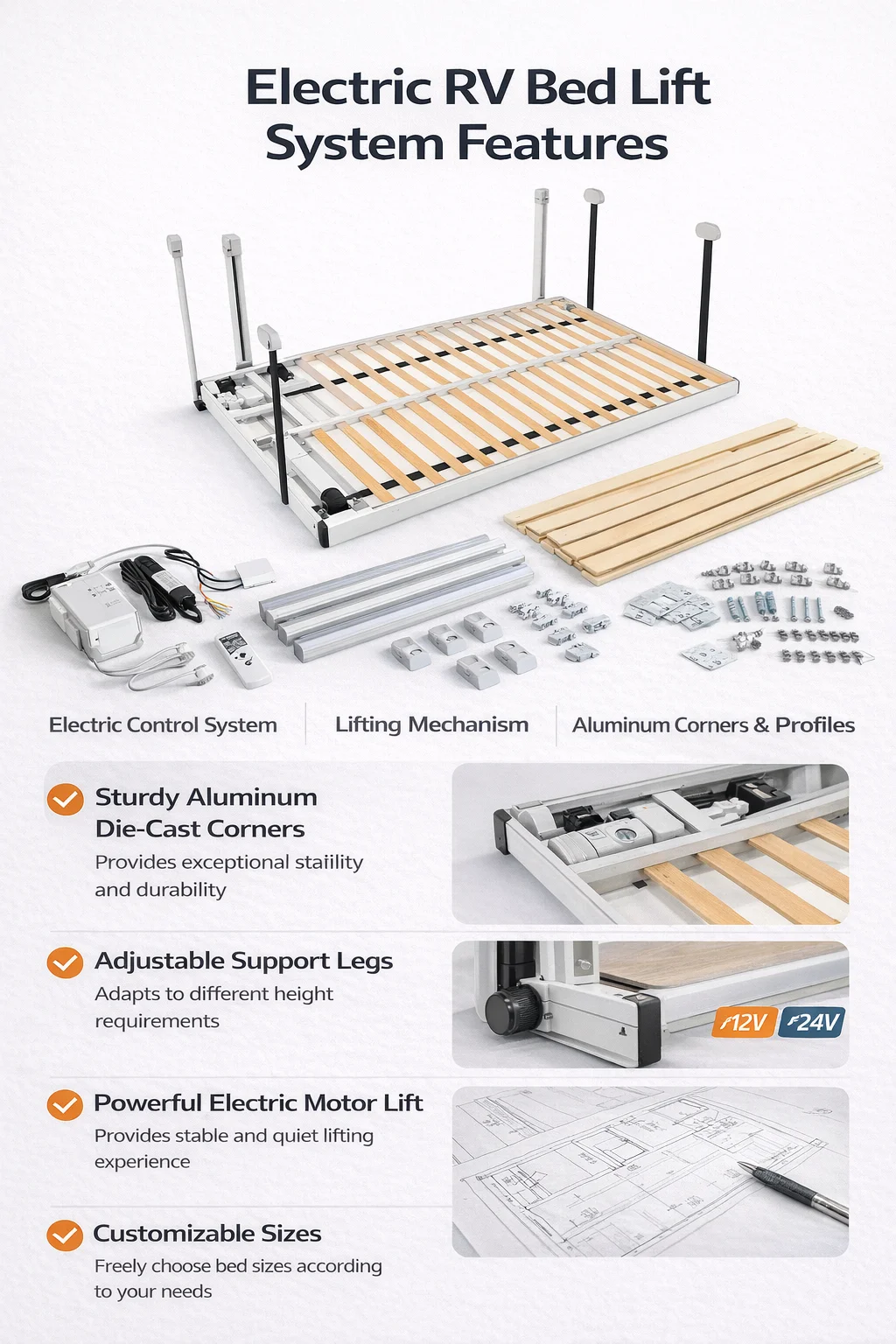 12V 24V Electric Bed Lift System Mechanism for RV Motorhome Recreational Vehicle Caravan Accessories House Electric Lift
12V 24V Electric Bed Lift System Mechanism for RV Motorhome Recreational Vehicle Caravan Accessories House Electric Lift