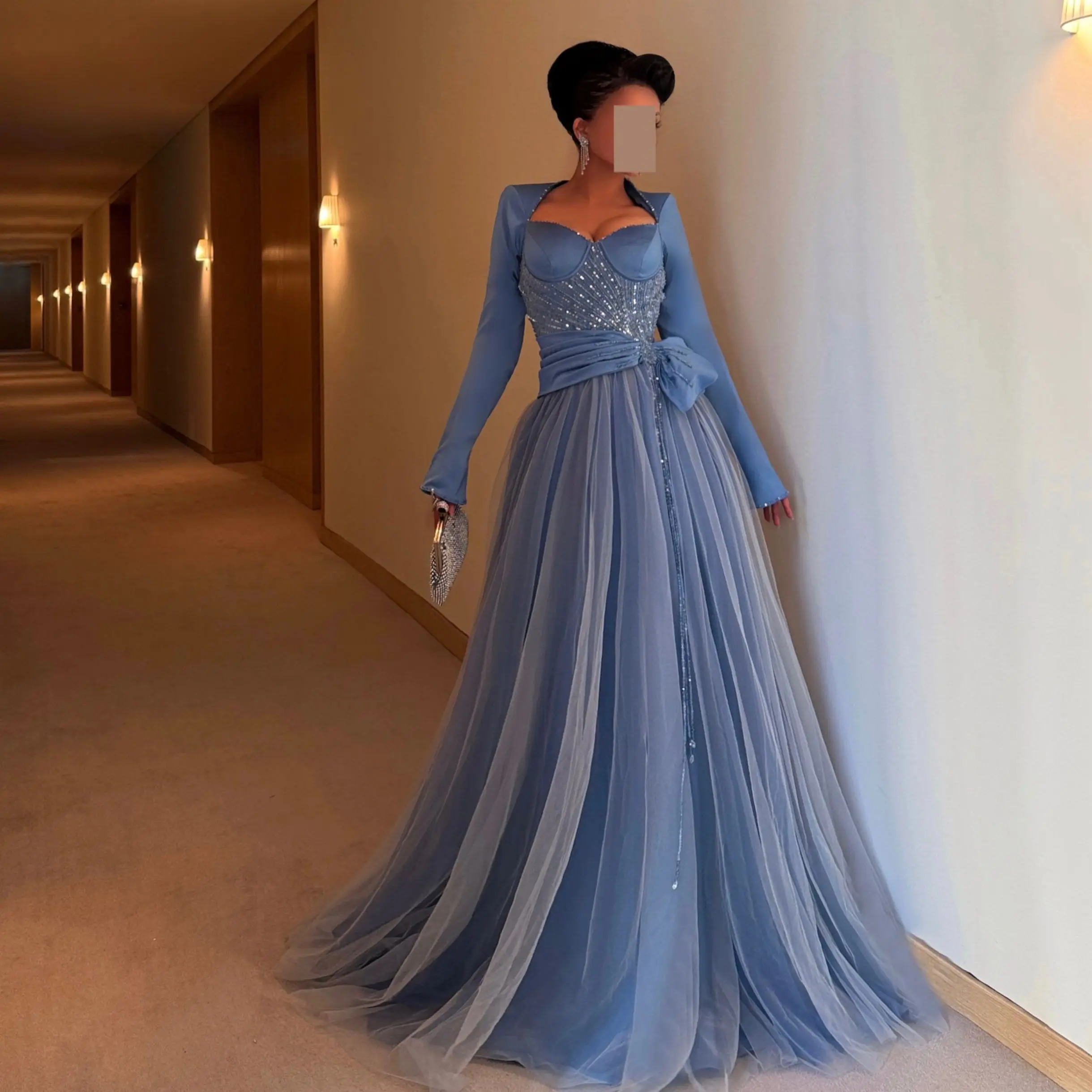 Arabia Evening Dresses A-Line Blue Handmade Sequined Beads Bow Long Sleeves Formal Occasion Prom Dresses Saudi Arabic Customized
Arabia Evening Dresses A-Line Blue Handmade Sequined Beads Bow Long Sleeves Formal Occasion Prom Dresses Saudi Arabic Customized