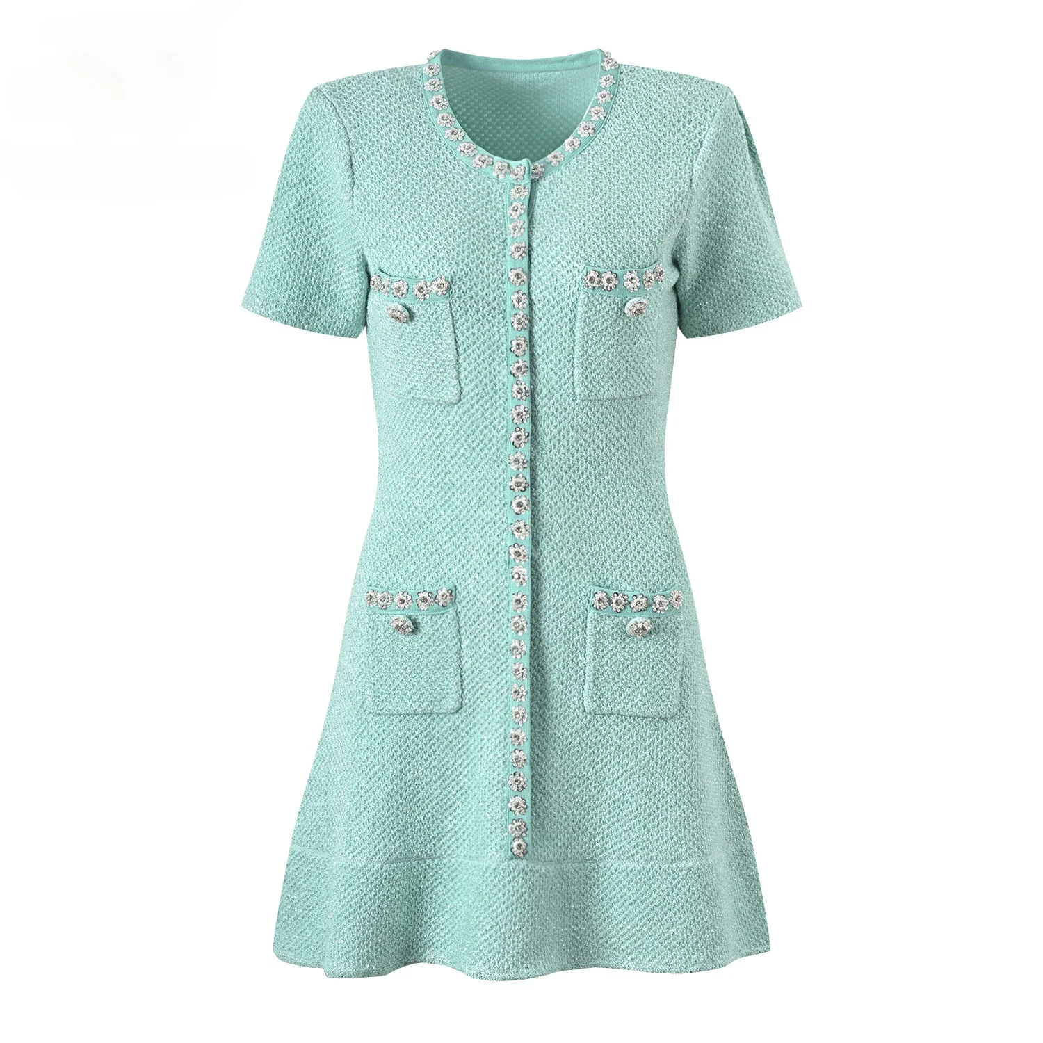 Women Green Round Neck Diamond Dress Short Sleeve Single Breasted Pockets Trim Ladies Elegant Party Mini Dress
Women Green Round Neck Diamond Dress Short Sleeve Single Breasted Pockets Trim Ladies Elegant Party Mini Dress