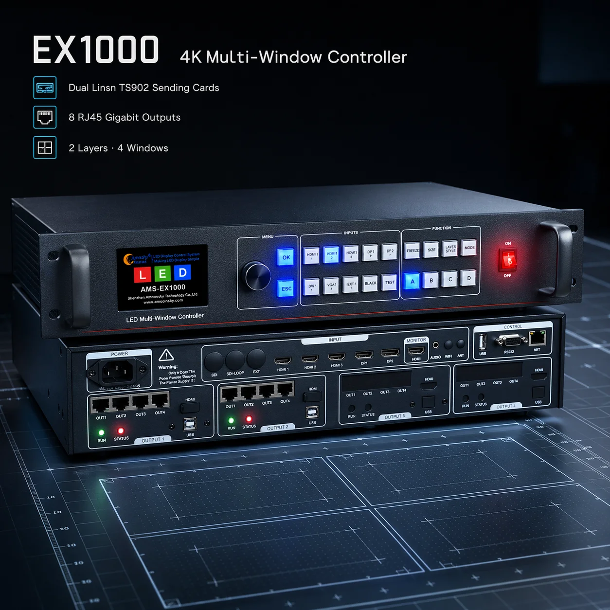 Контроллер LED-видеоэкранов 4K Multi Window EX1000 с двумя отправляющими картами Linsn TS902, 8 портами RJ45, бесшовное переключение на 4 окна
Контроллер LED-видеоэкранов 4K Multi Window EX1000 с двумя отправляющими картами Linsn TS902, 8 портами RJ45, бесшовное переключение на 4 окна