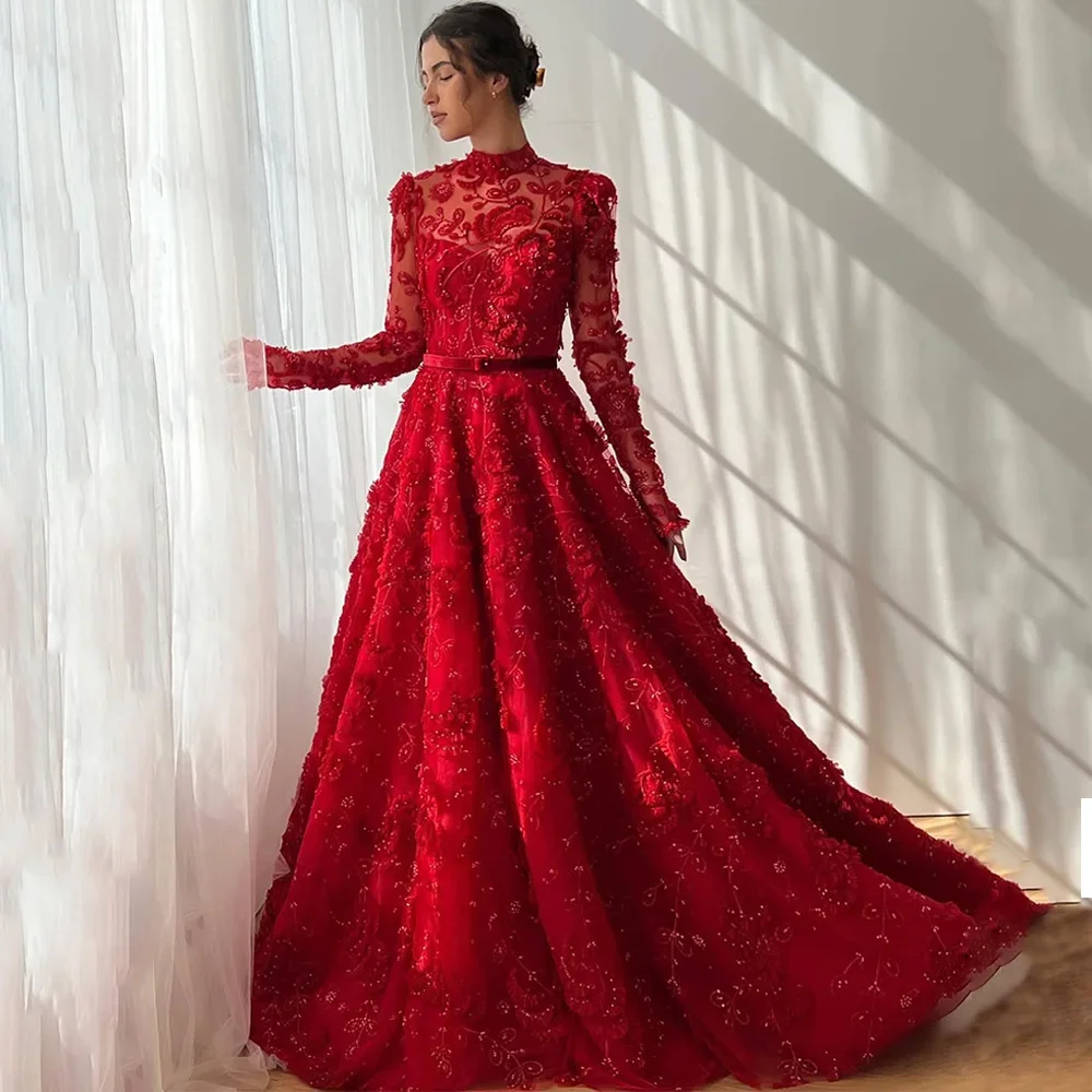 Luxury Red Evening Dress High Neck Long Sleeve 3D Lace Decal A-line Ball Dress Wedding Guests Floor Style Party Dress Customized
Luxury Red Evening Dress High Neck Long Sleeve 3D Lace Decal A-line Ball Dress Wedding Guests Floor Style Party Dress Customized