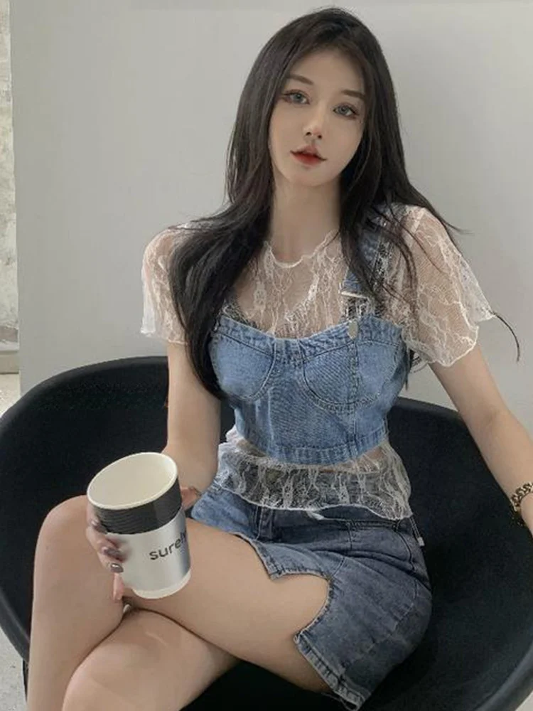 Blue Denim Strap Vest Women Summer Inner Lace Base Shirt Short Sleeve Top Two-Piece Set Trendy Commute Korean Style Short Length
Blue Denim Strap Vest Women Summer Inner Lace Base Shirt Short Sleeve Top Two-Piece Set Trendy Commute Korean Style Short Length