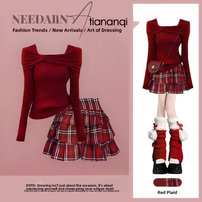 Autumn Winter Knitted Sweater One oulder Sle with Lazy Plaid Puffy Skirt Two Piece Set Age Reducing Aosphere Feeling
Autumn Winter Knitted Sweater One oulder Sle with Lazy Plaid Puffy Skirt Two Piece Set Age Reducing Aosphere Feeling