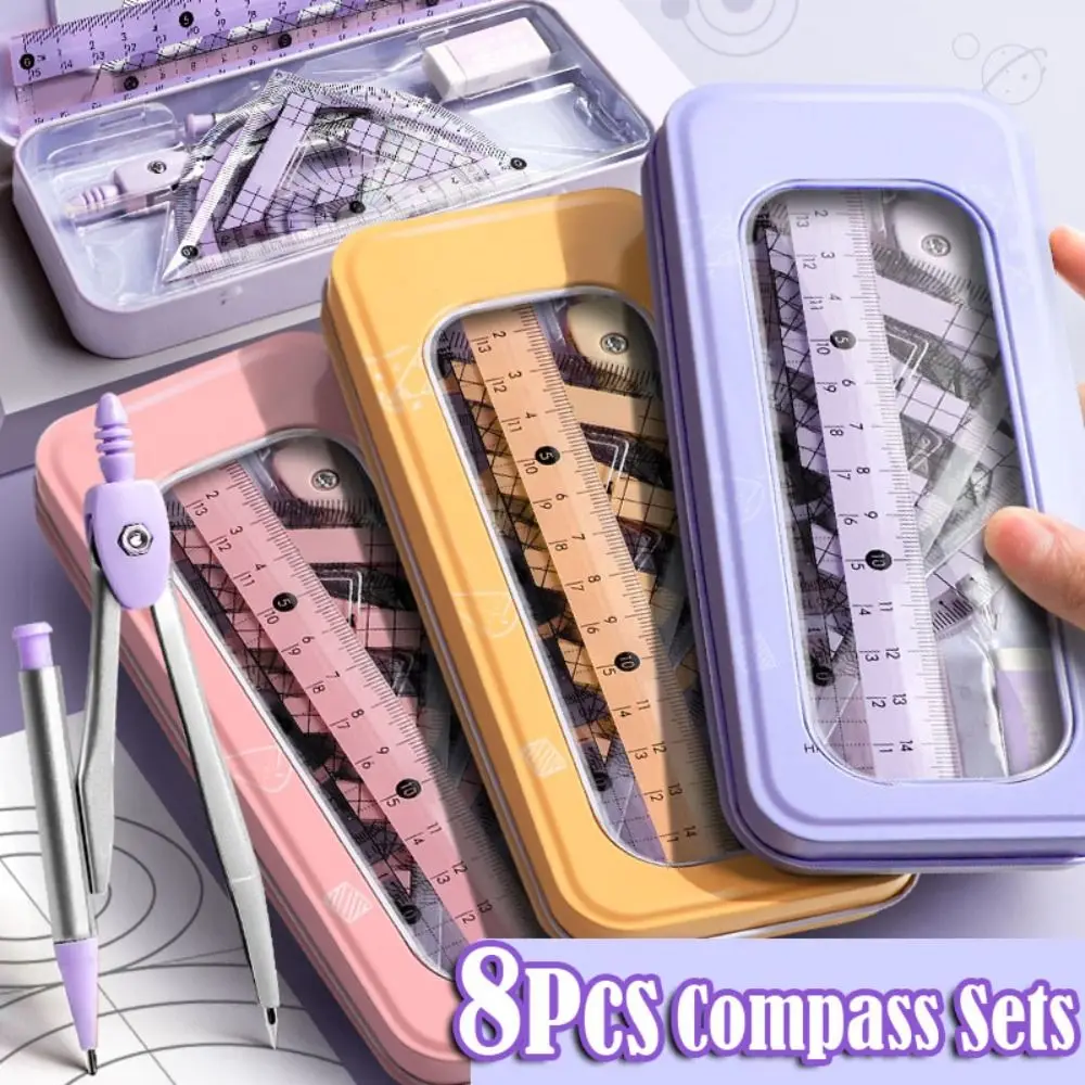 8PCS Multifunctional Compass and Ruler Sets Triangle Ruler Protractor Measuring Ruler Suit Straight Ruler Student Ruler Set