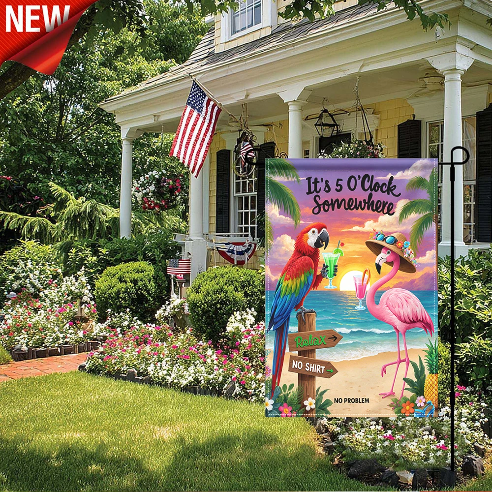 1PC, It's 5 O'Clock Somewhere Garden Flag Tropical Beach Flamingo Parrot Print Outdoor Decor Double Sided Relax No Shirt No Problem Summer Holiday Yard Flag Coastal Sunset Palm Tree Party Banner for Patio Lawn Porch Backyard Pools
1PC, It's 5 O'Clock Somewhere Garden Flag Tropical Beach Flamingo Parrot Print Outdoor Decor Double Sided Relax No Shirt No Problem Summer Holiday Yard Flag Coastal Sunset Palm Tree Party Banner for Patio Lawn Porch Backyard Pools