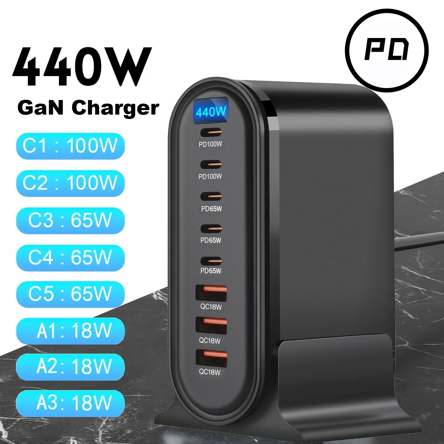 440W GaN 8 ports Fast Charge Station with 5C3A Quick Chargin for Cellphones, PD 100W Compatible for iPhone/Xiaomi, LED Indicator
440W GaN 8 ports Fast Charge Station with 5C3A Quick Chargin for Cellphones, PD 100W Compatible for iPhone/Xiaomi, LED Indicator