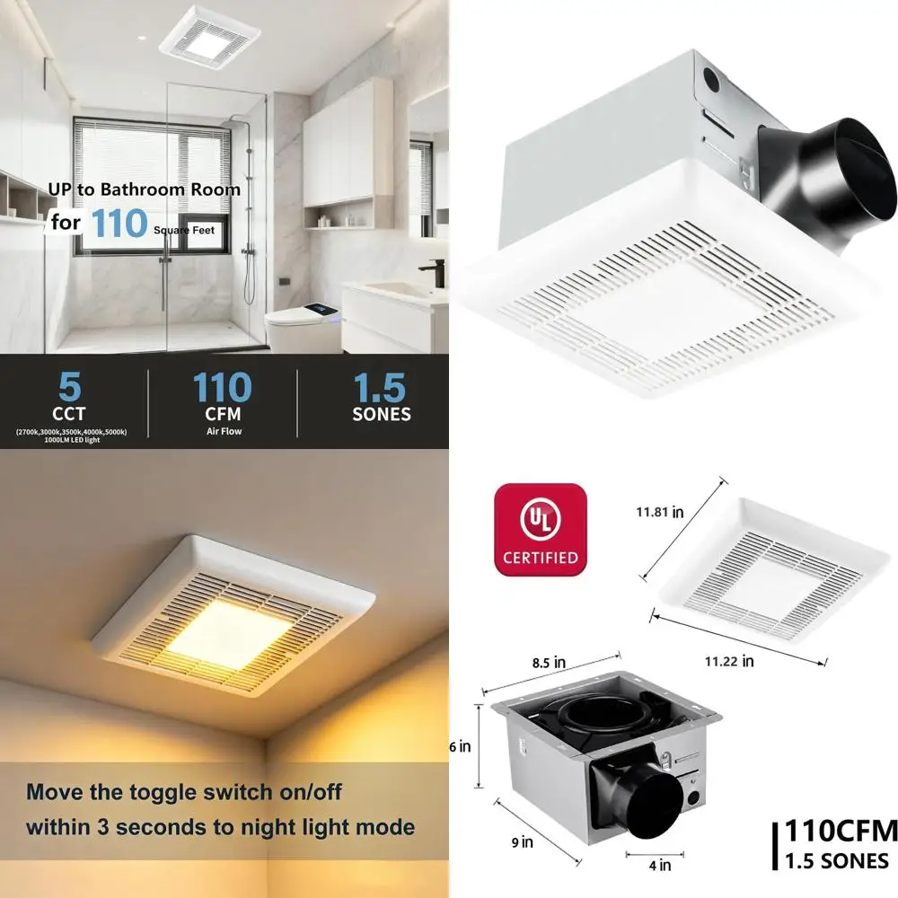 110cm 1000lm Dimmable 5CCT LED Bathroom Exhaust Fan with Light and Night Light, 4-Inch Quiet Energy Star Rated, Easy Ceiling Mou
110cm 1000lm Dimmable 5CCT LED Bathroom Exhaust Fan with Light and Night Light, 4-Inch Quiet Energy Star Rated, Easy Ceiling Mou