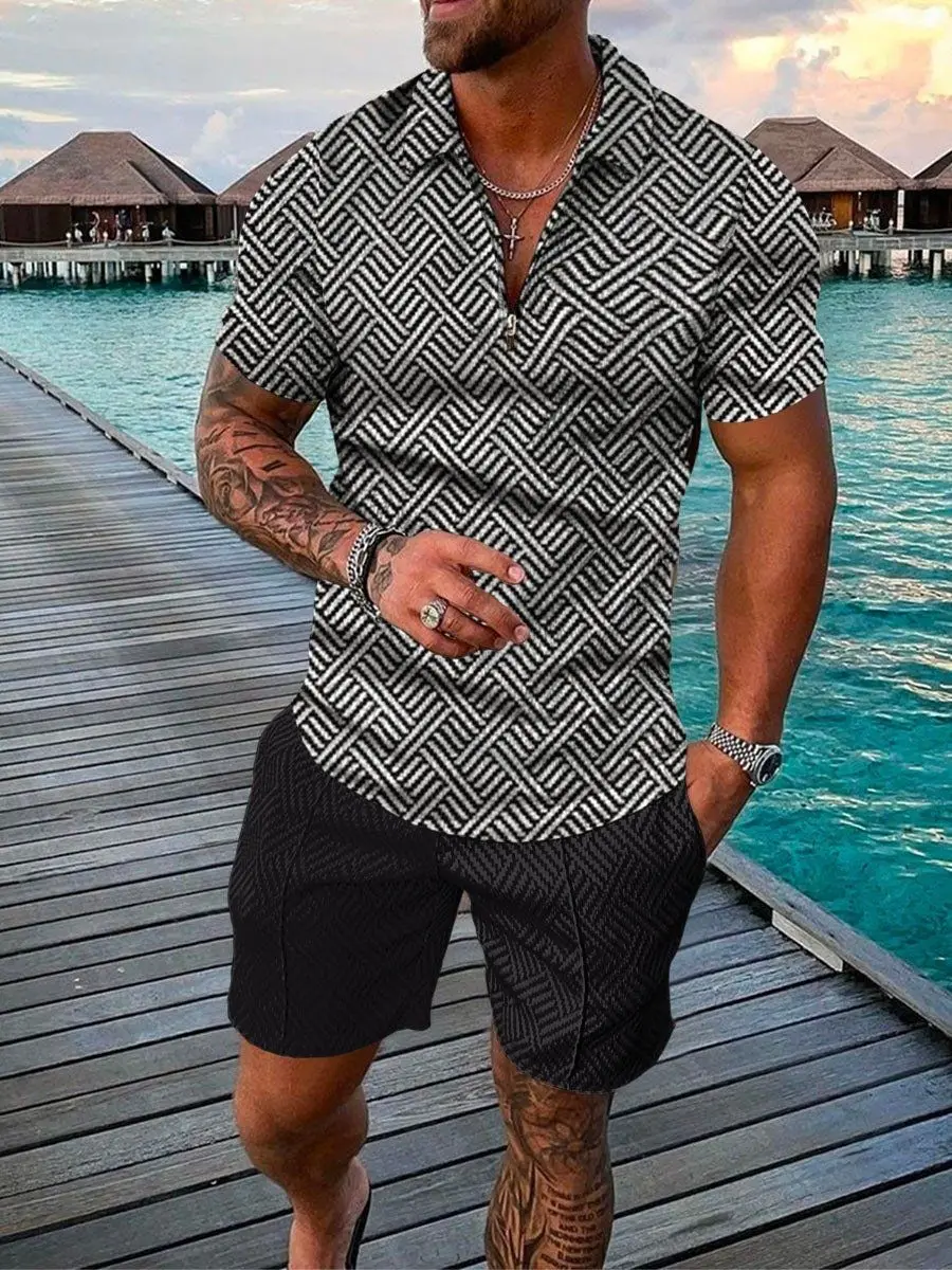 Funny 3D Stripe Print Men's Short Sleeve Set Fashion Zipper Polo Shirt Shorts 2 Piece Outfit Summer Streetwear Casual Loose Suit
Funny 3D Stripe Print Men's Short Sleeve Set Fashion Zipper Polo Shirt Shorts 2 Piece Outfit Summer Streetwear Casual Loose Suit