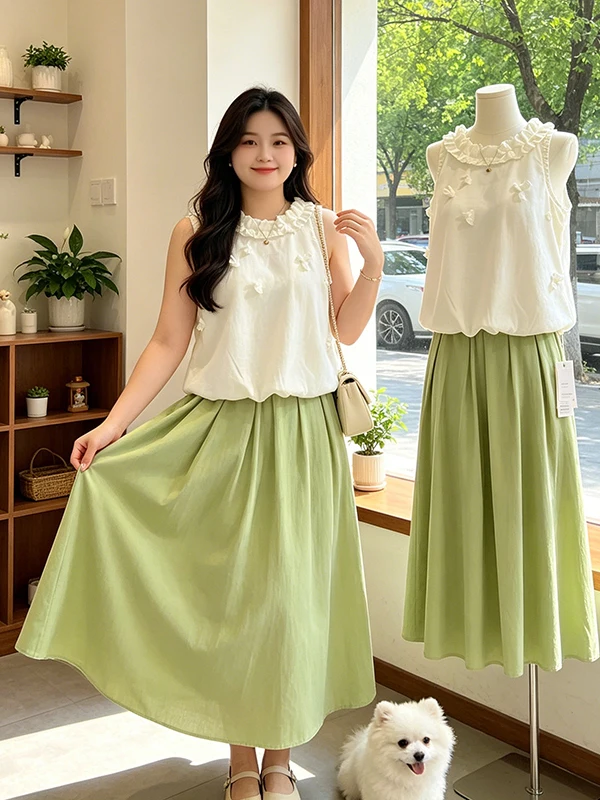 plus Size Women's Summer New Gentle Style round Neck Sleeveless Top A-Line Skirt Two-Piece Set Korean Loose Fit High Waist
plus Size Women's Summer New Gentle Style round Neck Sleeveless Top A-Line Skirt Two-Piece Set Korean Loose Fit High Waist
