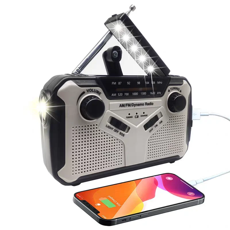 Multi functional portable hand cranked solar power generation AM/FM radio mobile power supply SOS alarm emergency flashlight
Multi functional portable hand cranked solar power generation AM/FM radio mobile power supply SOS alarm emergency flashlight