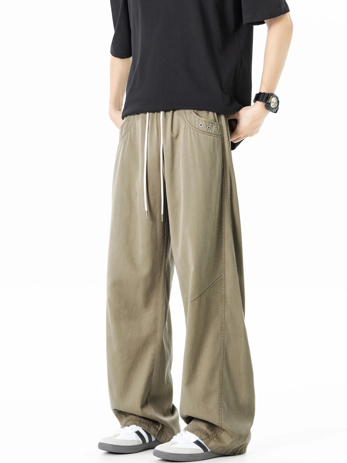 Американские ретро-брюки с эластичным поясом и широкими штанинами, свободные повседневные брюки прямого кроя
Американские ретро-брюки с эластичным поясом и широкими штанинами, свободные повседневные брюки прямого кроя