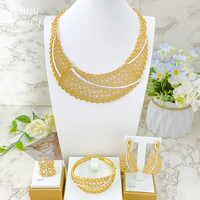 Luxury Exaggerated Collar Necklace Drop Earrings Bracelet Ring Choker Gold Plated Jewelry Set for Bridal Wedding Party Gifts
Luxury Exaggerated Collar Necklace Drop Earrings Bracelet Ring Choker Gold Plated Jewelry Set for Bridal Wedding Party Gifts