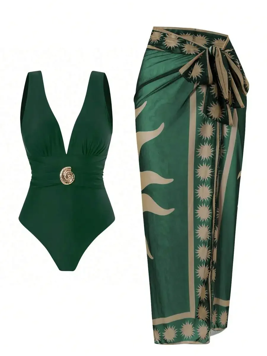 Green V-Neck One Piece Swimsuit With Waist Buckle And Printed Wrap Skirt Beach Set
Green V-Neck One Piece Swimsuit With Waist Buckle And Printed Wrap Skirt Beach Set