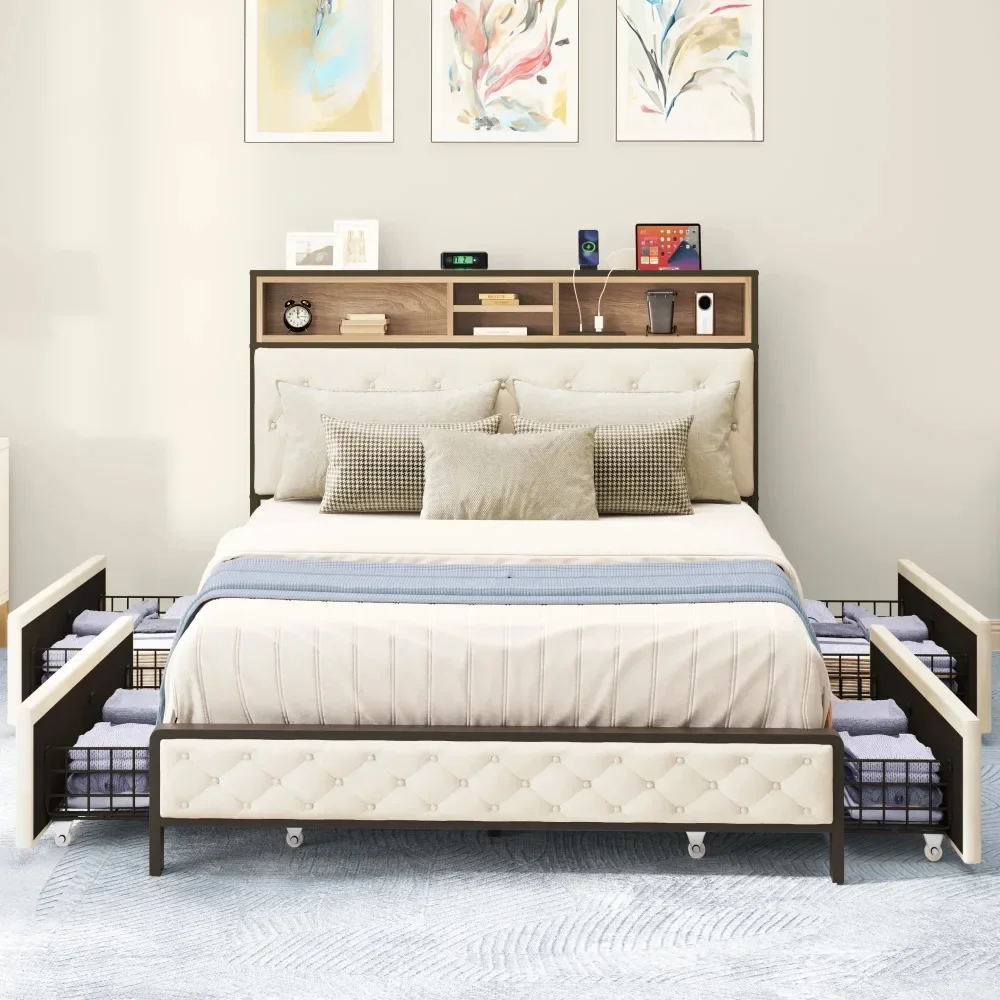 Queen Size Platform Bed Frame 4 Storage Drawers and Headboard, No Box Spring Required, Modern Beige bed
Queen Size Platform Bed Frame 4 Storage Drawers and Headboard, No Box Spring Required, Modern Beige bed