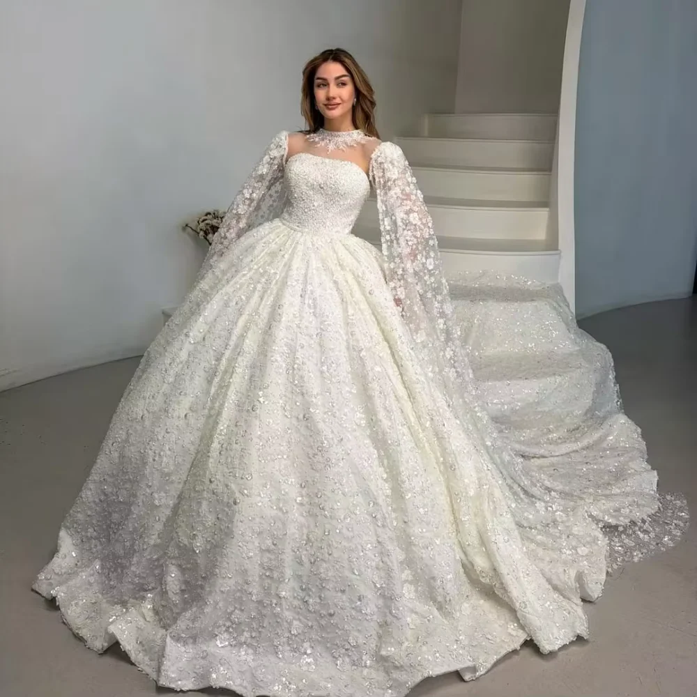 Luxury Romantic Lace Prom Dresses High Collar 3D Decal sequin Bride Dress A-line Long Sleeve Wedding Dress Customization
Luxury Romantic Lace Prom Dresses High Collar 3D Decal sequin Bride Dress A-line Long Sleeve Wedding Dress Customization