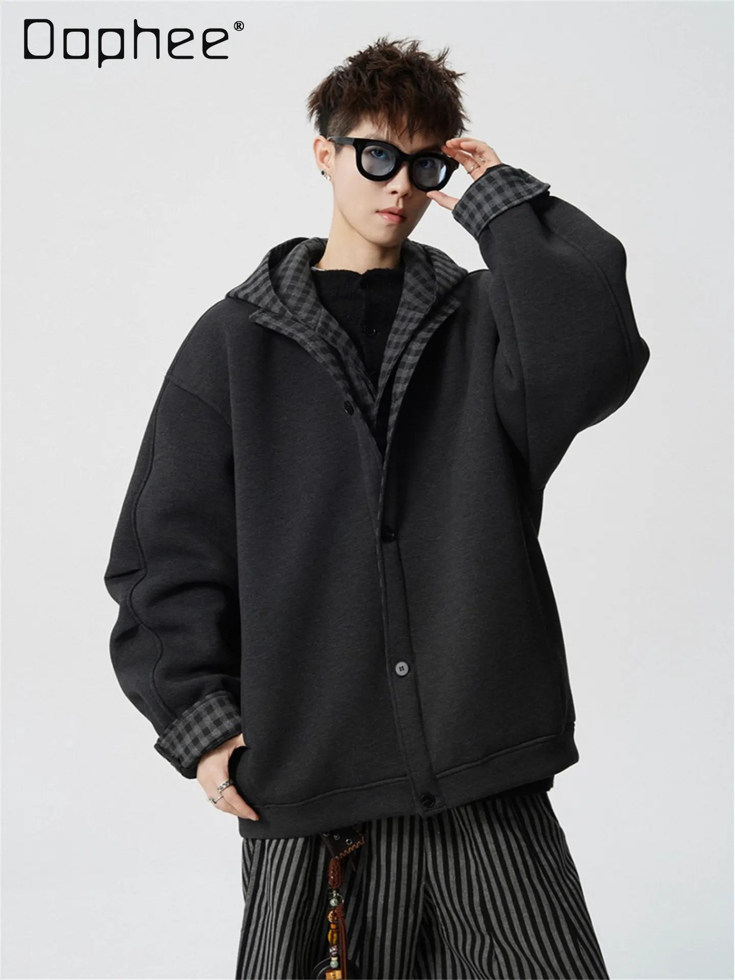 Autumn Winter Men's Dark Gray Fake Two-Piece Plaid Hooded Jacket Loose Casual Versatile American Style Thickened Cotton Jacket
Autumn Winter Men's Dark Gray Fake Two-Piece Plaid Hooded Jacket Loose Casual Versatile American Style Thickened Cotton Jacket